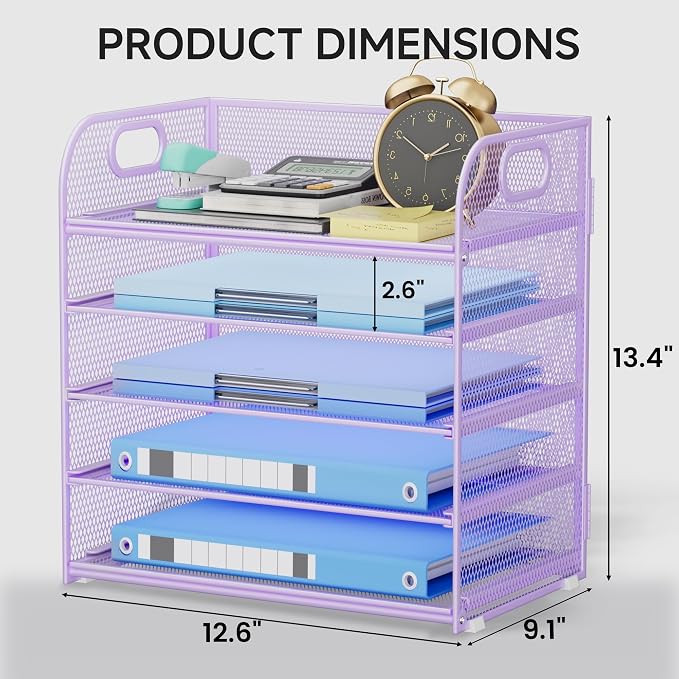 5-Tier Stackable Paper Organizer with Handle, Purple | Metal Mesh Letter Tray, Elegant Desk File Sorter for Office, Home & Classroom Organization - Image 2