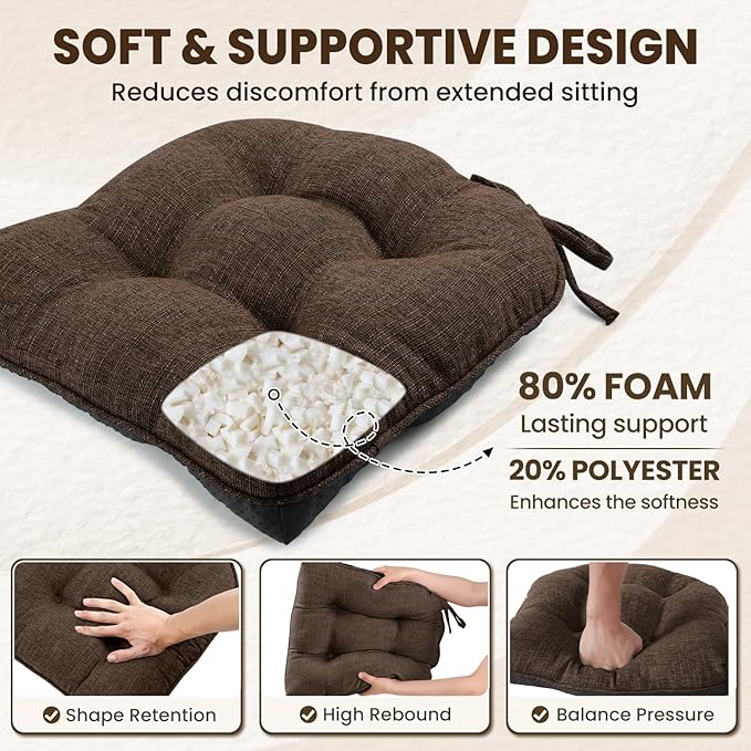 downluxe Indoor Chair Cushions for Dining Chairs, Tufted Overstuffed Textured Foam Kitchen Chair Pads with Ties and Non-Slip Backing, 15.5" x 15.5" x 4", Brown, 6 Pack - Image 3