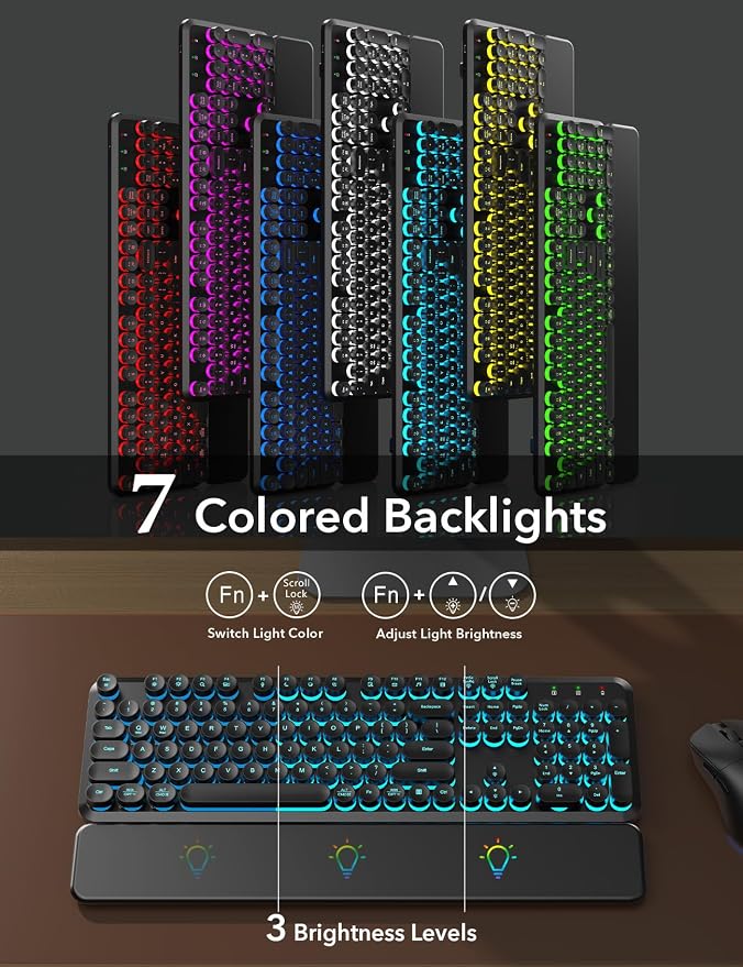 Wireless Keyboard and Mouse Backlit - Typewriter Keyboard with Magnetic Wrist Rest, Retro Round Keys, Light Up Letters, 2.4GHz Cordless Combo for Mac, Windows, PC, Laptop, Trueque CK23Pro [Upgraded] | Retro Round Keys, Light Up Letters, 2.4GHz Cordless... - Image 2