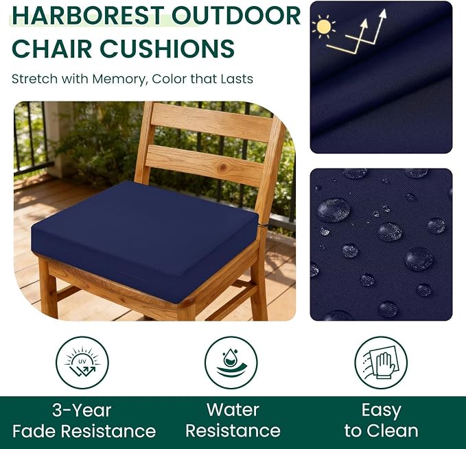 HARBOREST Outdoor Chair Cushions Set of 4, Water Resistant Patio Chair Cushions with Ties, Square Corner Outdoor Seat Cushions for Patio Furniture, 18.5"x16"x3", Navy - Image 2
