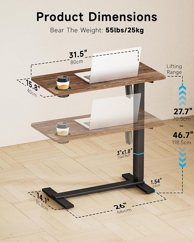 BIZUM Small Electric Standing Desk Bedside Table with Hidden Wheels 31.5 x 15.8 Inch Adjustable Computer Laptop Office Desk, Walnut - Image 3