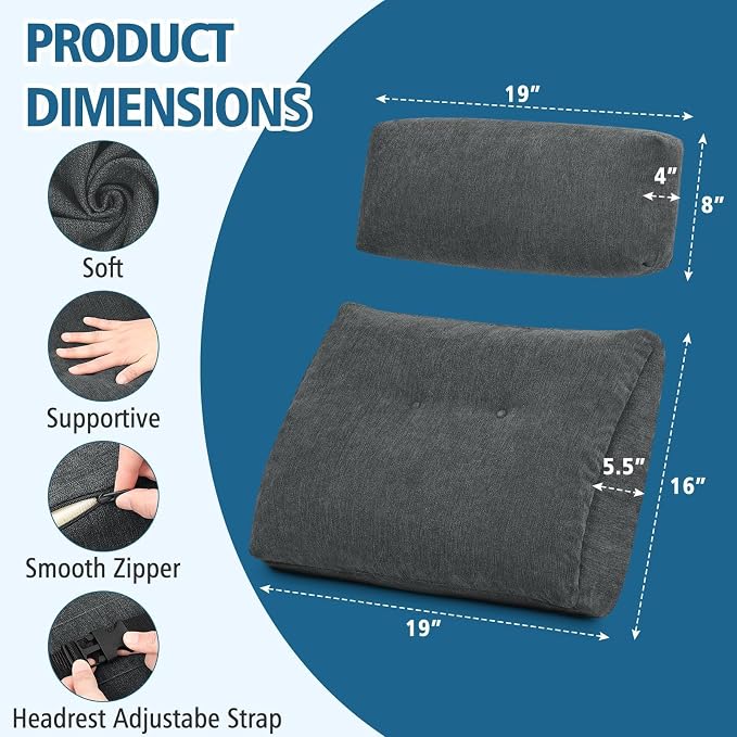 Lumbar Support Pillow for Recliner Chair with Headrest, Dual-Layer Large Back Pillow for Deep Couch & Sofa, Memory Foam Lower Back Support Cushion Set for Sciatica Relief Dark Grey - Image 3