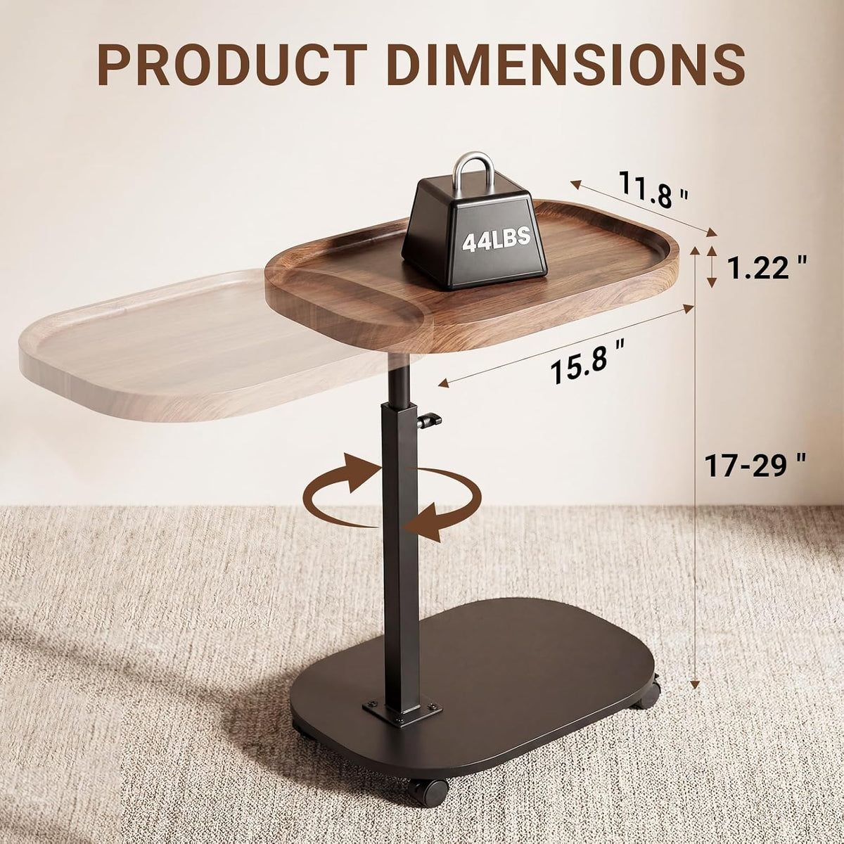 Adjustable Height TV Tray Table for Snack, Eating, Dinner or Laptop, 360°Rolling C Shaped End Table for Couch, Sofa, Chair, Bed, Perfect for Small Places, Livingroom, Bedroom - Image 2
