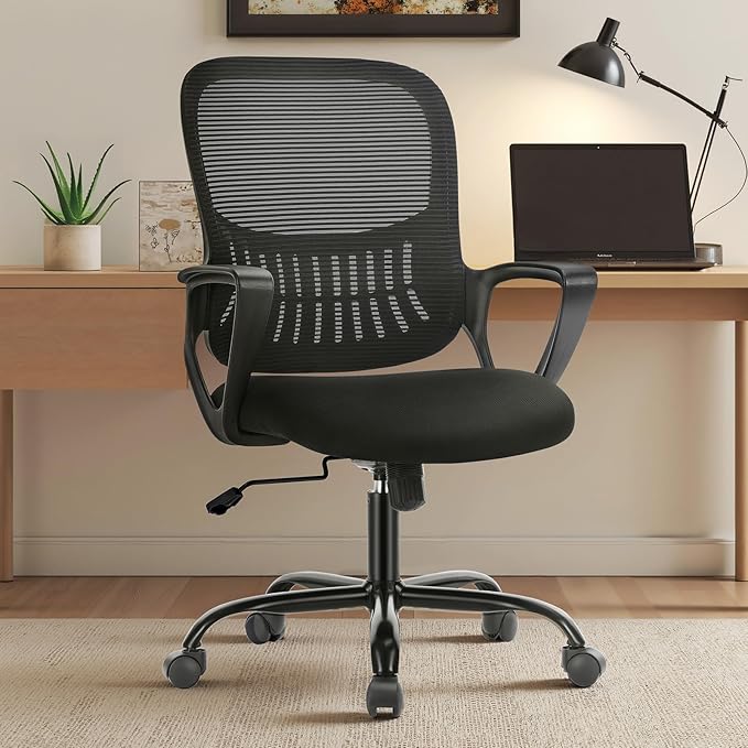 OLIXIS Home Office Chair, Mesh Desk Chair, Ergonomic Lumbar Support | Mid Back Computer Ergonomic, Height Adjustable Swivel Task, Large Seat Armrest, Adults, Black by OLIXIS