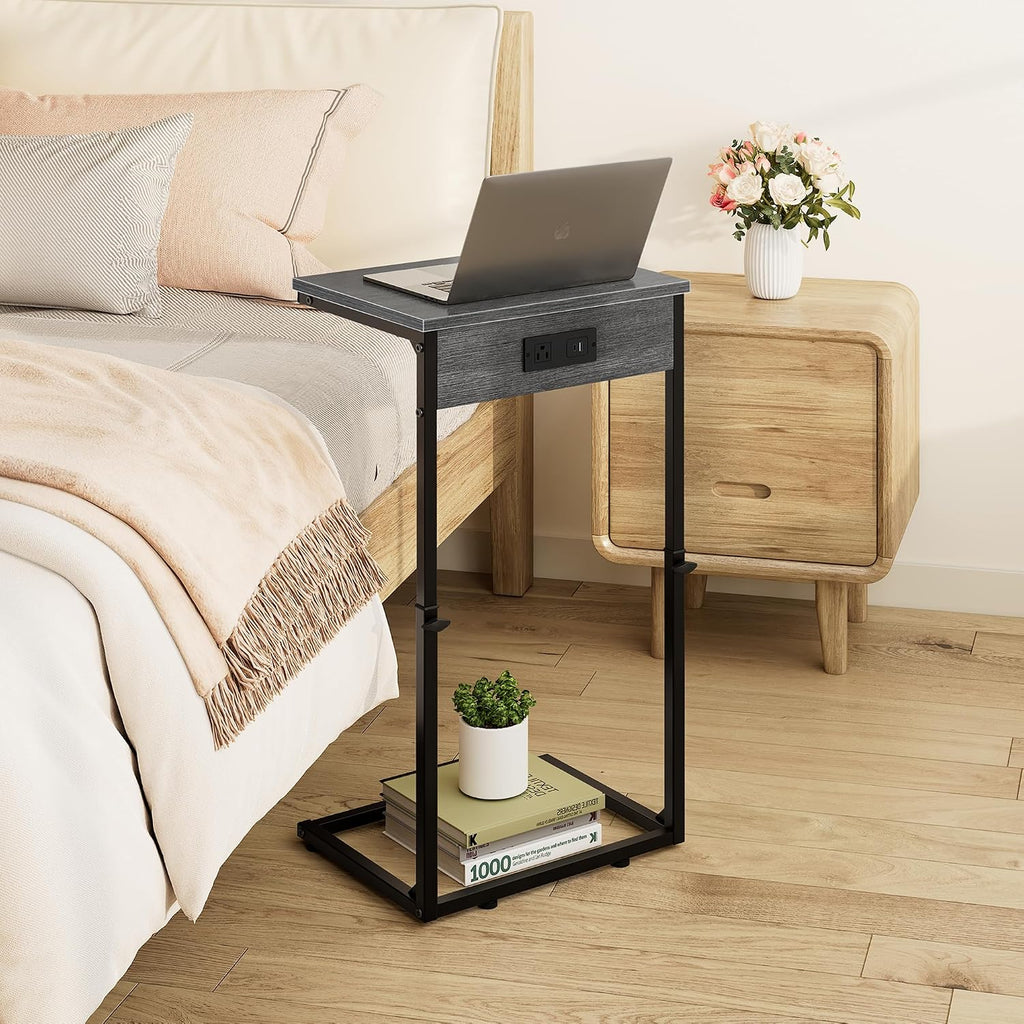 C Shaped End Table with Charging Station, Adjustable Height Side Table for Couch, Small Side Table, 33.2'' Tall Couch Tables that Slide Under, Tv Tray End Table for Living Room, Gray Walnut - Image 7