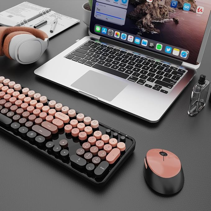 SkyGive Wireless Keyboard and Mouse Combo, Ergonomic Full Size Typewriter Retro Round Keycaps Keyboard, Compatible with Windows, PC, Perfer for Home and Office Keyboards (Aurora Red) - Image 9