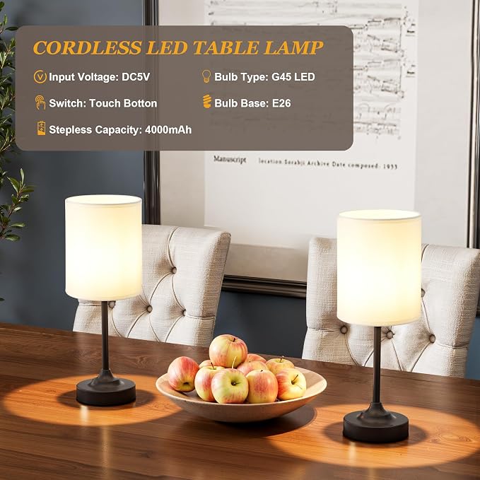 Touch Control Cordlss Table Lamp, USB-C Rechargeable Lamp with Stepless Dimming, 4000mAh Battery Operated Bedside Lamp for Bedroom, Living Room, Night Light & Emergency Lighting, Black, 2 Pack - Image 3