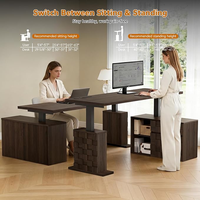 67" L Shaped Standing Desk with Drawers Electric Corner Desk Brown | Adjustable Sit Stand Office Desk with 4 AC Outlets & Type C Port, Executive Computer Desk with Cabinet - Image 3