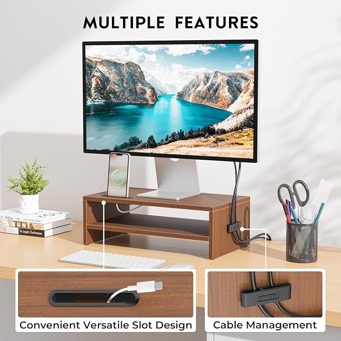 BONTEC Wooden Monitor Stand Riser for Desk, 2-Tier Computer Monitor Stand | 66 lbs Desk Shelf Organizer with Storage, Laptop & Printer Stand with Phone Holder and Cable Management, Walnut, 16.5 Inch - Image 4