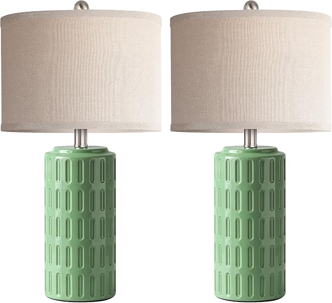 23" Farmhouse Modern Ceramic Table Lamp Set of 2 - Sage Green Bedside Lamps for Bedroom & Living Room, Nightstand, Desk, End Table - Image 2