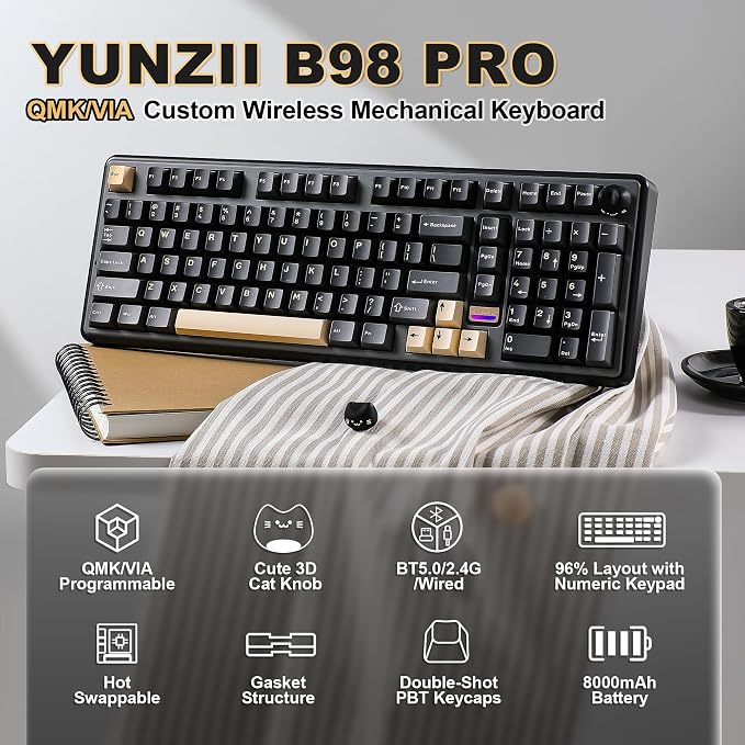 YUNZII B98 PRO 96% Wireless Mechanical Keyboard (Black, Milk Switch) | QMK/VIA, with Numpad, Dual-Style Knob Design, Creamy Pre-Lubed Switches, Hot Swap, Gasket Mount, RGB for Gaming/Win/Mac - Image 2