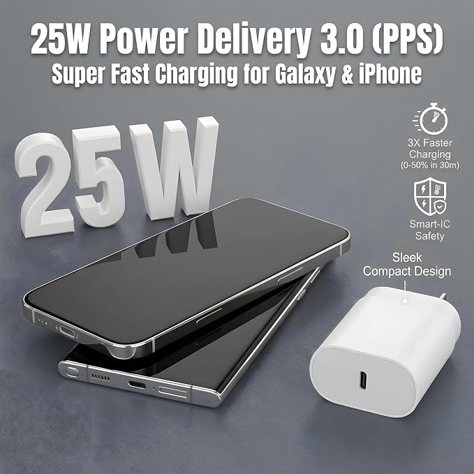 TT&C 2-Pack 25W USB C Fast Charger with 6FT Long Cable (White) | PD 3.0 Fast Charging Adapter Wall Plug Compatible with Samsung Galaxy S26, S25, S24, S23, S22 & iPhone 17/16/15 Pro Max - Image 2