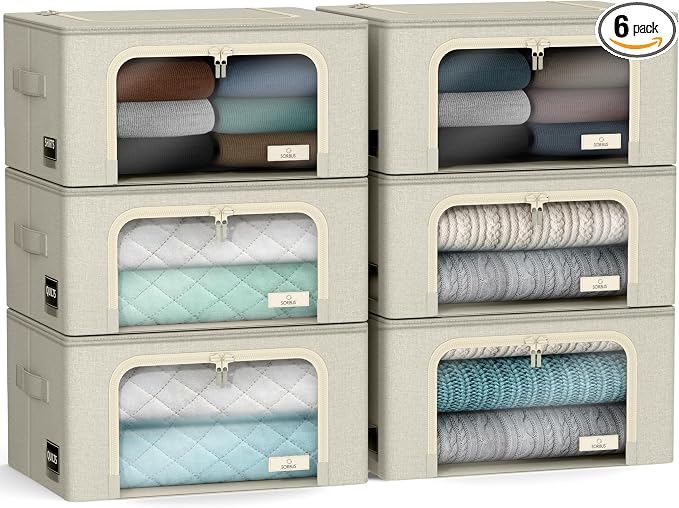 Sorbus Clothes Storage Bins, Clear Window & Handles (6 Pack, Beige) | Large foldable stackable boxes have easy-carry grips for bedding and linens in closets, bedrooms and laundry rooms. by Sorbus