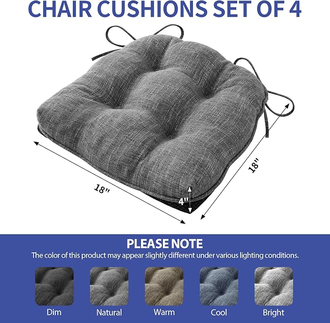 IPYNBAP Chair Cushions for Dining Chairs Set of 4, Kitchen Chair Cushions, Chair Pads with Ties and Non Slip Backing, Tufted Memory Foam Seat Cushion 4 Pack, 18" x 18" x 4", Dark Gray - Image 2