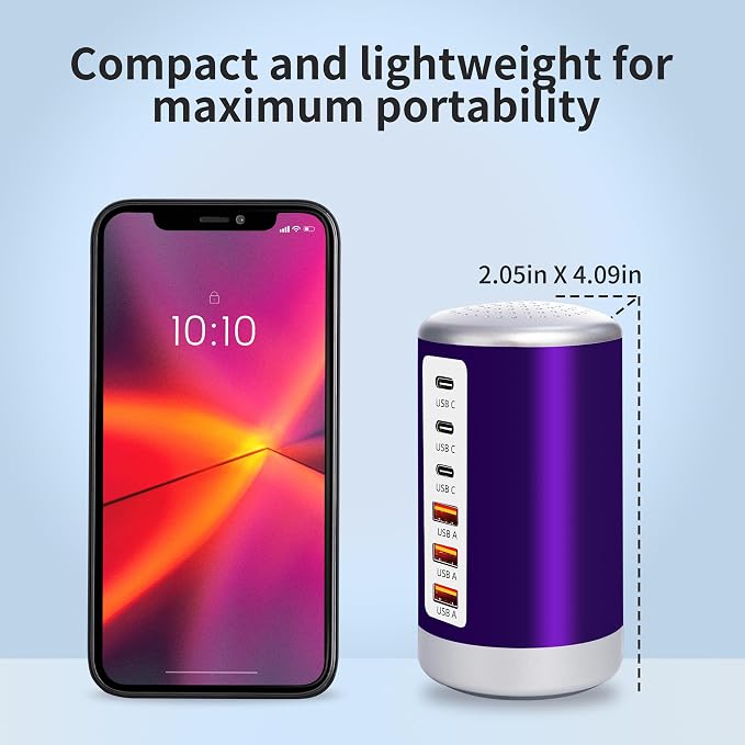 60W USB Charging Station with 6-Port (3 USB-A & 3 USB-C) for iPhone 12/13/14, Tablets & Smartphones - Purple - Image 6