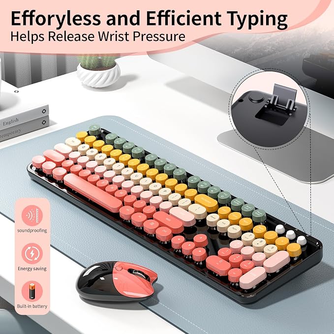 Wireless Keyboard and Mouse, MOFII 104 Round Keycaps Retro Typewriter with OTG & Brush, Full-Size Ergonomic, Ideal for Windows PC, Home, Office and College Rainbow Red - Image 6