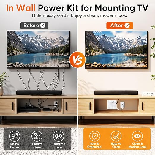 in-Wall TV Cable Management Kit with Power, AC Outlet & USB-A + USB-C Ports | Integrated Embedded Design, Perfectly Compatible with Structured Cabling - Image 6
