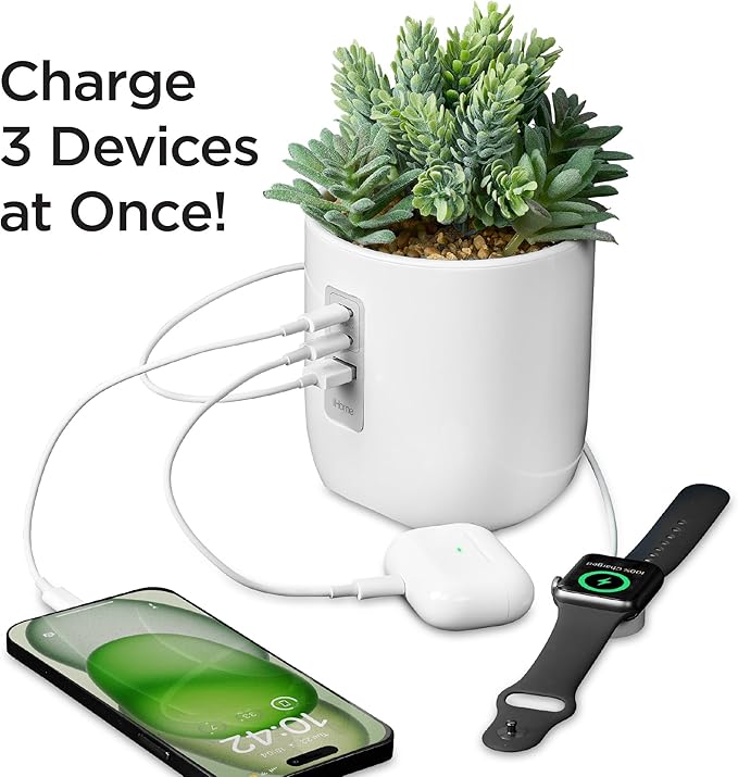 iHome PowerPlant Charging Station, Faux Succulent with USB Charging Station for iPhone, Android, and More – White (iPP45) - Image 3