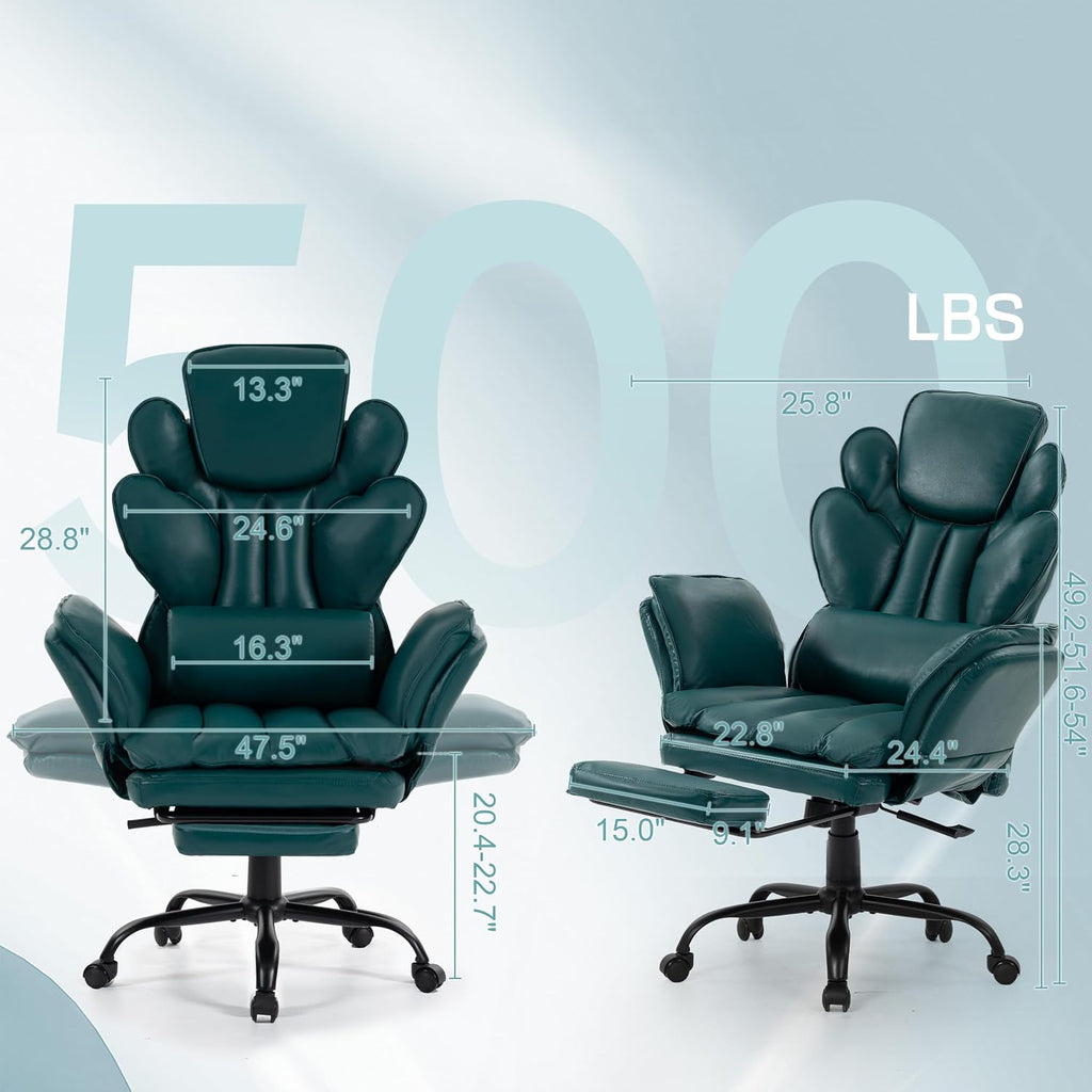 Flip Armrests Criss Cross Office Chair, Reclining Office Chair with Foot Rest, Adjustable Headrest, Massage Waist Pillow, Cross Legged Big and Tall Desk Chair Wide Seat Vanity Chair, Green PU Leather - Image 2