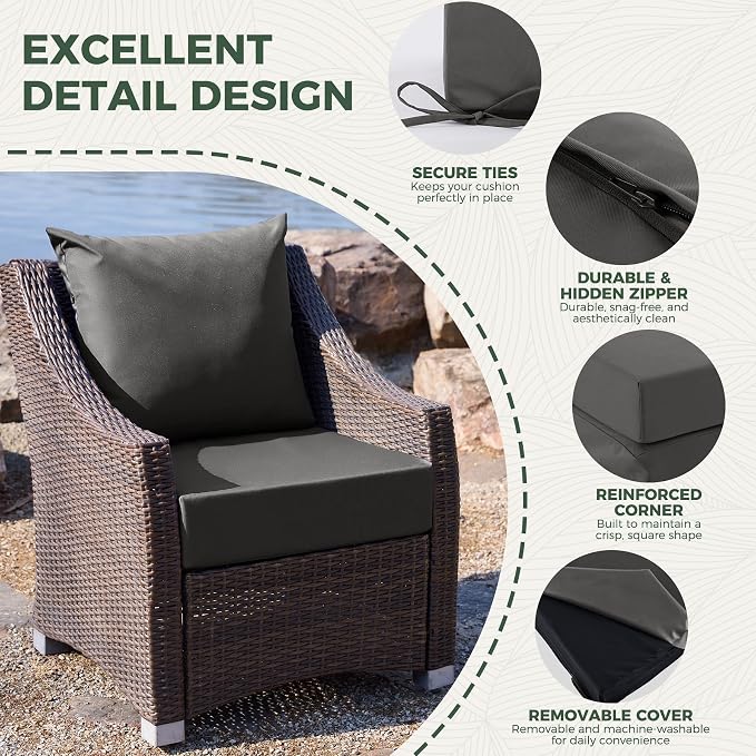 Outdoor Cushions for Patio Furniture, Outdoor Seat Cushion Set 24 x 24 x 5.75 in, Waterproof & Fade Resistant Outdoor Chair Cushions, Patio Cushion with Removable Cover, Set of 2, Dark Grey - Image 5