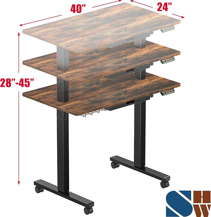 SHW Mobile Electric Height Adjustable Standing Desk w/Drawer, Rustic Brown | 40" Wide Top | w/ Memory Presets and Cable Management | Drawer with adjustable compartments | Hanging Hooks - Image 3