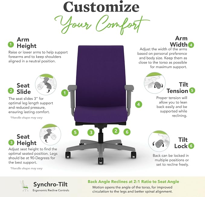 HON Ignition 2.0 Ergonomic Office Chair, Lumbar Support, Desk Chair, Iris | Upholstered ergonomic office desk chair with lumbar support, adjustable arms, office decor, advanced tilt for comfort - Image 4