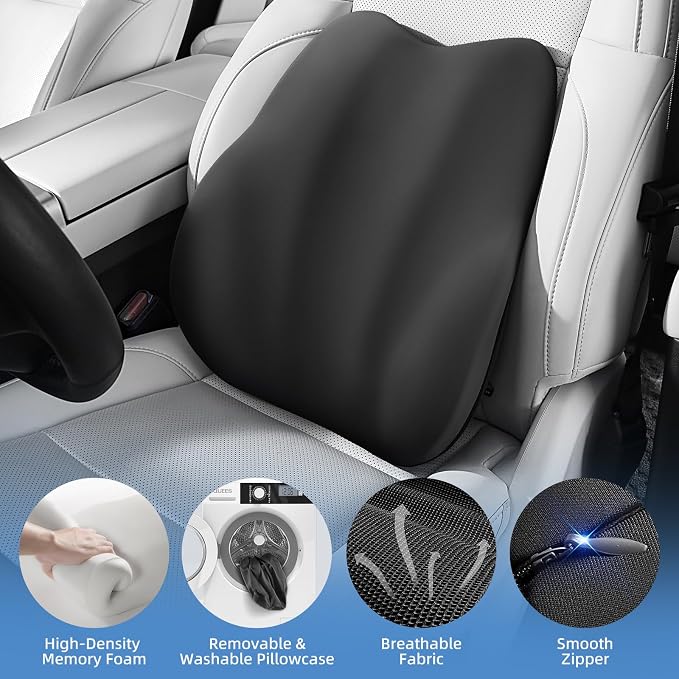 BEBAS Ergonomic Lumbar Support Pillow for Car, Memory Foam Car Back Cushion | Comfort Lumbar Pillow for Back Pain Relief, Breathable Washable Cover, Fits for Driving, Office, Wheelchair, Black - Image 3