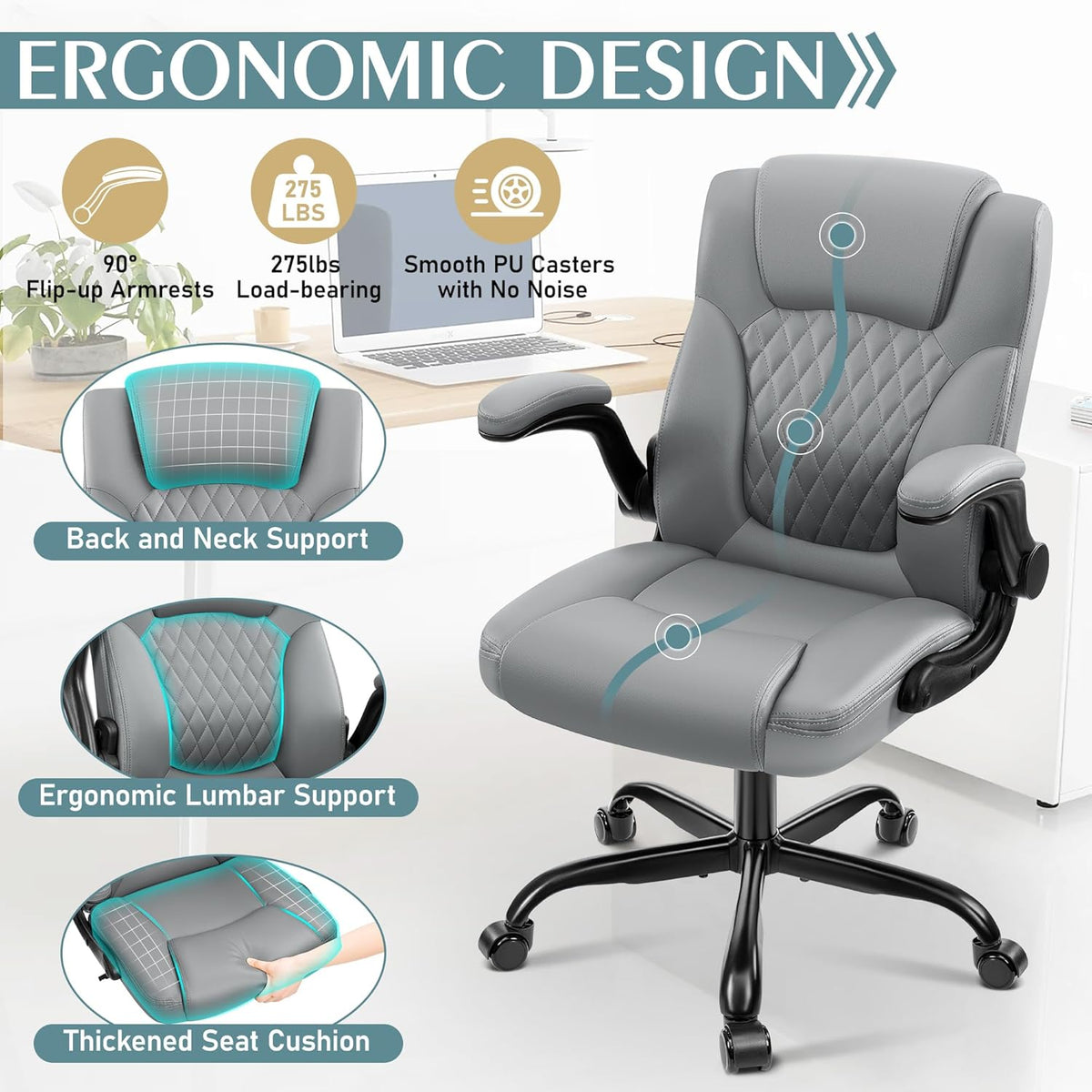 Leather Office Chair, PU Home Computer Desk Chairs with Ergonomic Back Support, 360°Swivel Free，Small Gaming Chair with Wheels and Adjustable Armrests, for Short People Use - Image 6