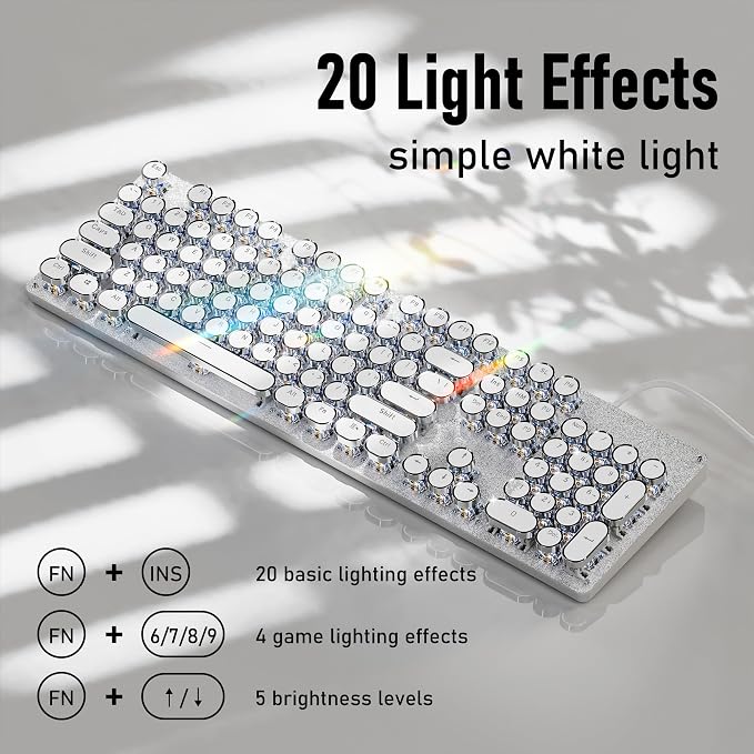 SEUNKWANG EWEADN TK100 Typewriter Style Wired Mechanical Keyboard, 104 Keys Aesthetic Typewriter Keyboard with White Backlit, Anti-Ghosting, Blue Switch Wired Cute Keyboards-White - Image 3