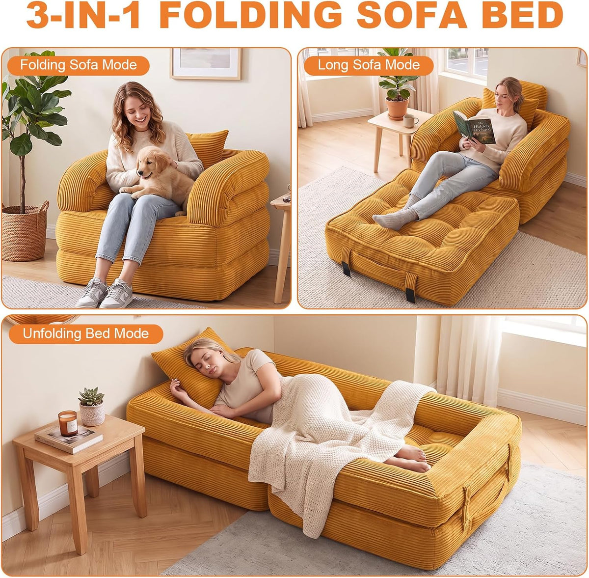 Folding Sofa Bed, Convertible Sleeper Chair, Corduroy Boneless Couch - Image 5