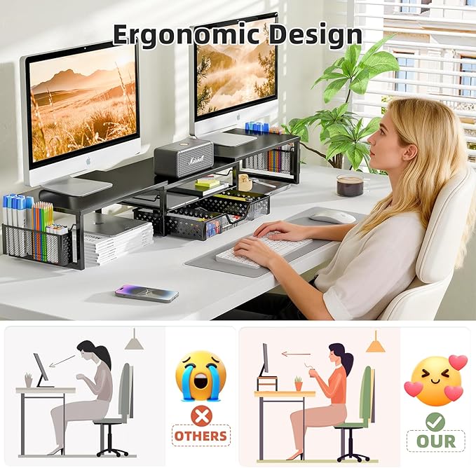 Simple Trending Dual Monitor Stand with Drawer and 2 Pen Holders, Black | 42"L x 9.5"W x 4.75"H. Sturdy metal. Fits 2 monitors. Reduces neck strain. Drawer + 2 pen holders. Easy assembly. 24h support - Image 5