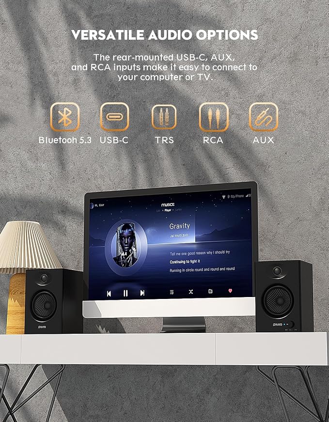 OHAYO 60W Computer Speakers for Music and Gaming, Active Bluetooth 5.3, Stereo 2.0 Speakers for Desktop PC or Laptop, 3.5mm Aux RCA USB Input, 1 Pair, Black - Image 5