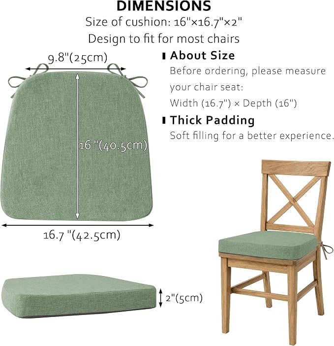 ELFJOY Non-Slip Chair Cushions for Dining Chairs Sage Green 16.7"x16" | 4 Pack, with Ties and Washable Cover, U Shape, Breathable Fabric, for Kitchen Dining Office Folding Chairs，Comfortable - Image 2