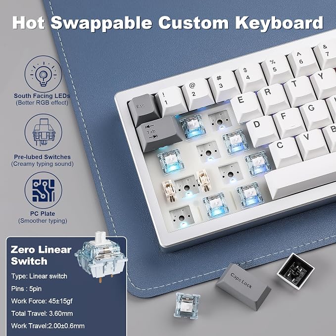 YUNZII AL68 Aluminum Wireless Mechanical Keyboard(Silver, Gateron Zero) | QMK/VIA, Function Knob, Gasket Mount, RGB Backlit, Creamy Pre-lubed Switches, BT/2.4G/USB-C,QMK/VIA for Gaming/Mac/Win - Image 5