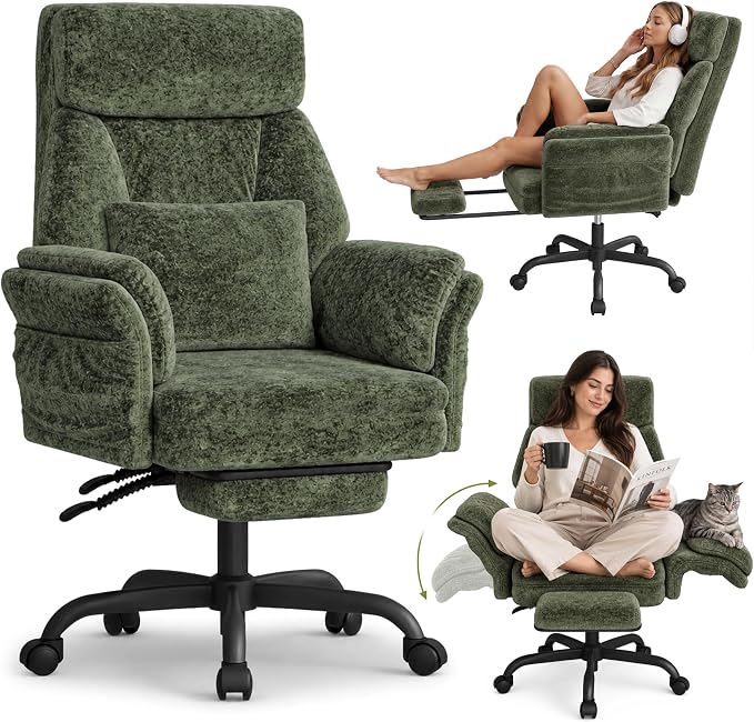 C57 Ergonomic Reclining Office Chair with Footrest, Velvet Desk Chair with 6-Stage Adjustable Wing Armrests for Cross Legged Sitting, Pet Friendly High Back Lounge Gaming Chair for Home Office by ELABEST