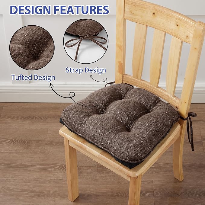 IPYNBAP Chair Cushions for Dining Chairs Set of 2, Kitchen Chair Cushions, Chair Pads with Ties and Non Slip Backing, Tufted Memory Foam Seat Cushion 2 Pack, 15.5" x 15.5" x 4", Brown - Image 4