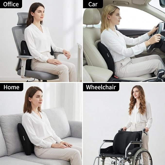 Lumbar Support Pillow Memory Foam Back Cushion for Sciatica & Lower Back Pain Relief Orthopedic Posture Corrector for Office Chair Gaming Chair Car Seat Breathable Washable - Black - Image 5