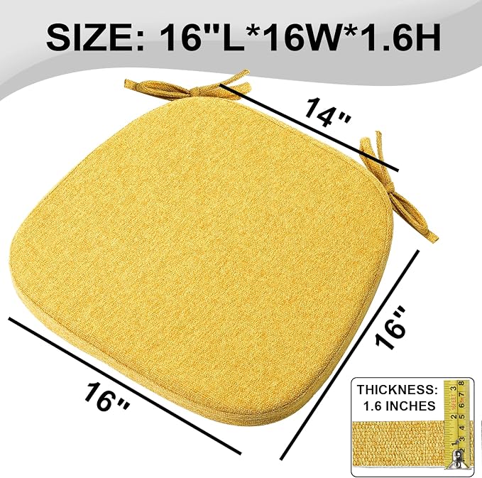 SINOSSO 6 Pack Memory Foam Chair Cushions for Dining Chairs, Friendly Woven Fabric 16" U-Shape Comfortable Kitchen Chair Pads, Removable Slip Resistant Seat Cushions (Set of 6, Yellow) - Image 4