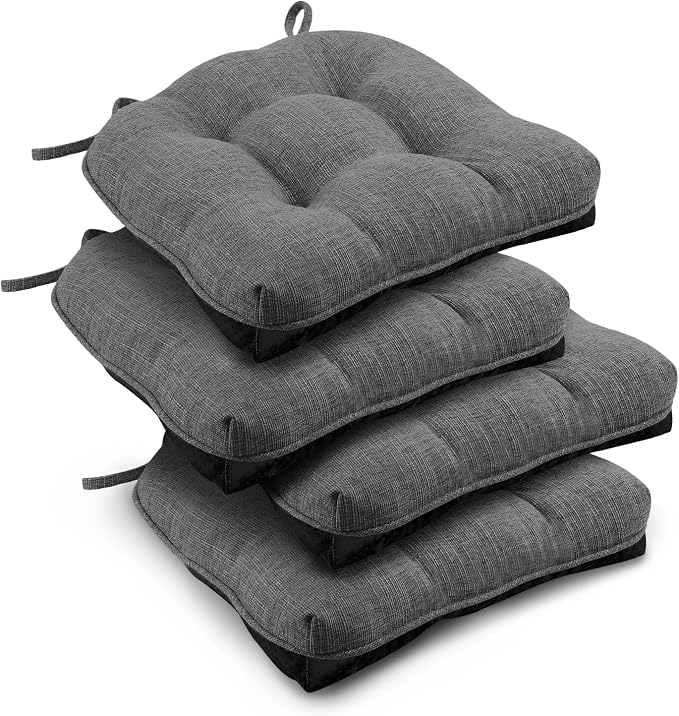 downluxe Indoor Chair Cushions for Dining Chairs, Tufted Overstuffed Textured Foam Kitchen Chair Pads with Ties and Non-Slip Backing, 15.5" x 15.5" x 4", Dark Grey, 4 Pack by Downluxe