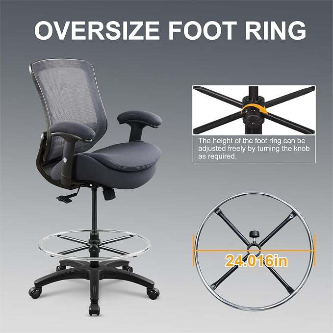 400lbs Office Drafting Chair Wide Dual Seat Cushion Height Adjustable Armrest for High Standing Desk with Lumbar Support and Enlarged Adjustable Footrest (Black Frame Gray Fabric) - Image 7