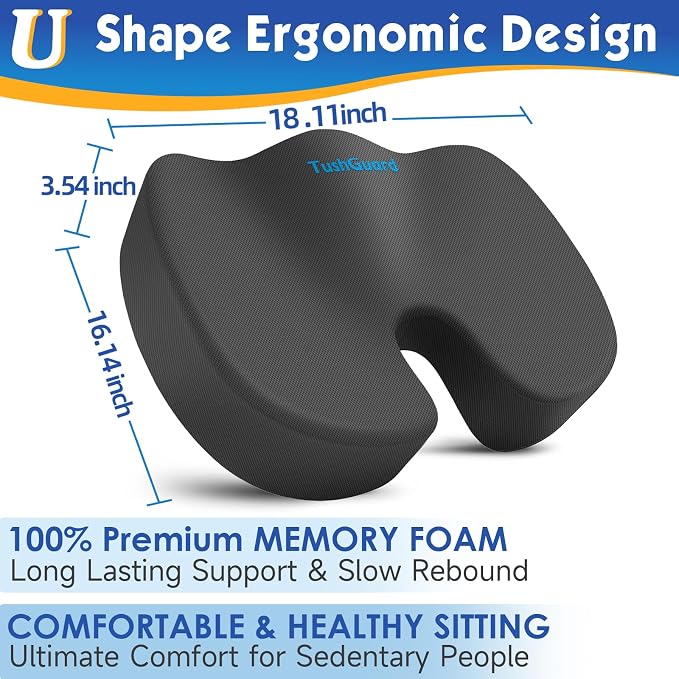 Seat Cushion for Office Chair, Car, Memory Foam, Grey X-Large | For Back, Coccyx, Sciatica, Tailbone Pain, Ergonomic Design, Non-Slip, Desk Wheelchair Use, Supportive Butt Pillow, For Man - Image 2