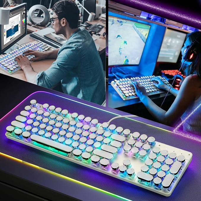YSCP Typewriter Style Mechanical Gaming Keyboard RGB Backlit Wired with Blue Switch Retro Round Keycap 104 Keys Keyboard (R-White) - Image 7