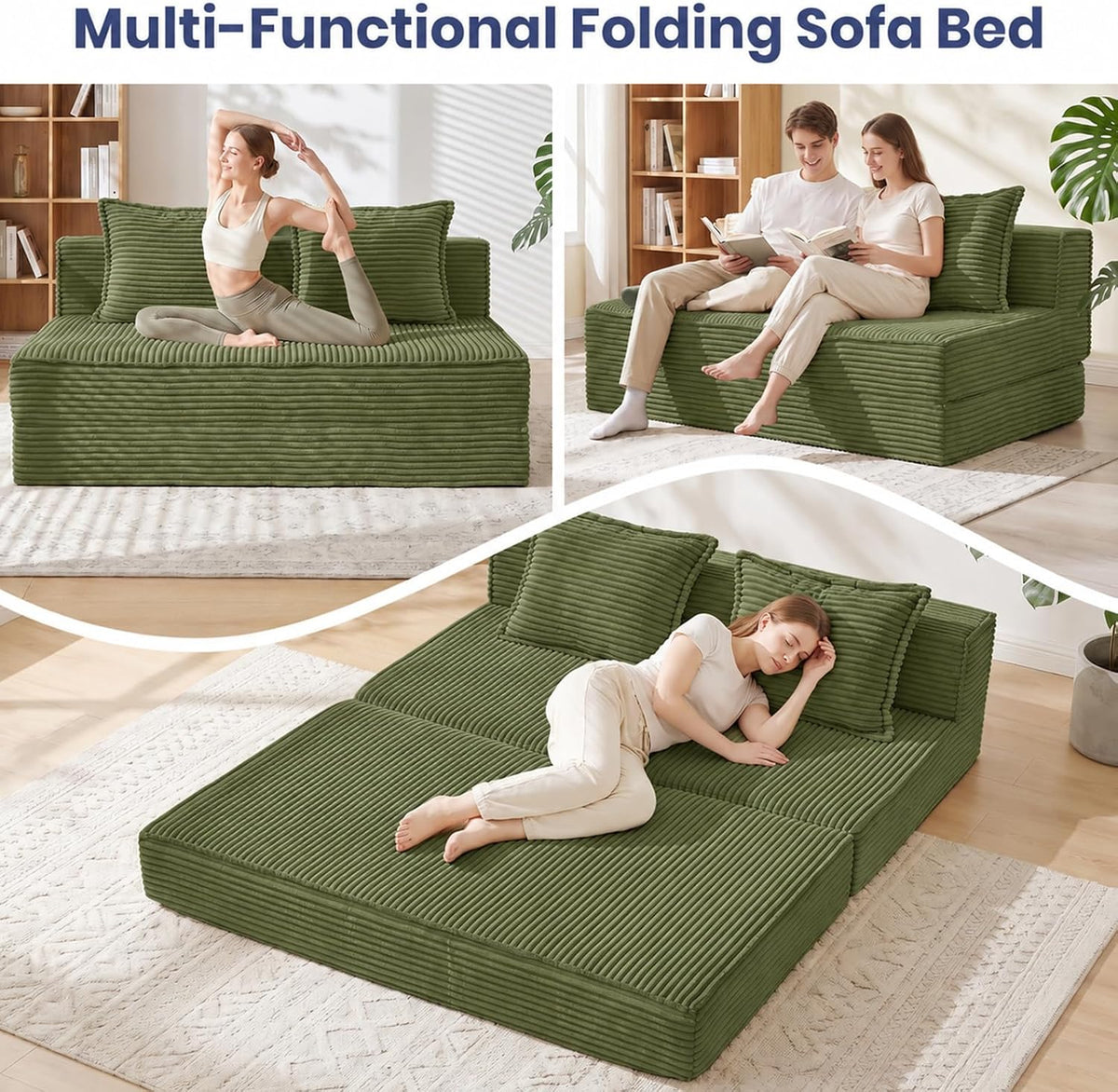 Folding Sofa Bed, 8" Convertible Sleeper Sofa Boneless Couch Fold Out Chair Bed with Pillow, Portable Floor Couch Lounge Sofa for Living Room Bedroom Guest Room (Green, Loveseat) - Image 6