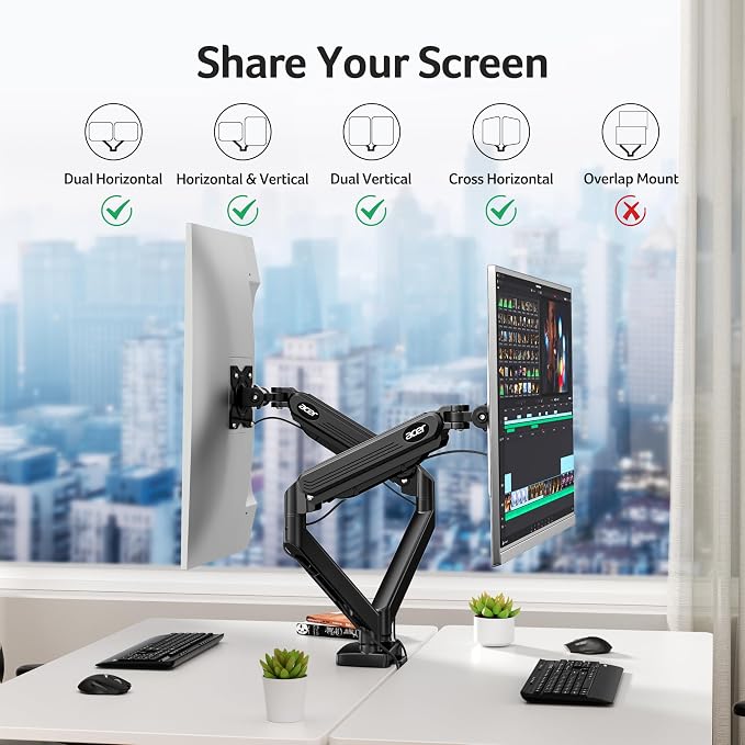 Acer Dual Monitor Arm, Gas Spring VESA Mount Stand for 17-32" Screens | Computer Desk Arm Fully Adjustable VESA 75x75/100x100 with C-Clamp & Grommet Mounting Base, Each Arm Holds 4.4 to 19.8 lbs - Image 8