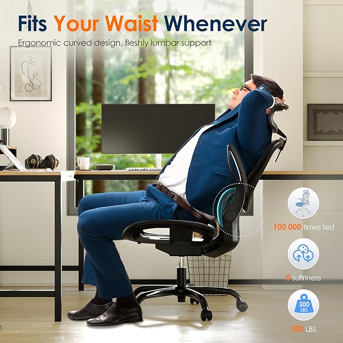 Ergonomic Mesh Office Chair, Adjustable Home Desk Chair with Folding Armrest, 2D Headrest, Soft Seat and PU Wheel, Black Swivel Task Chair for Office, Business, Student (GY1108) - Image 3