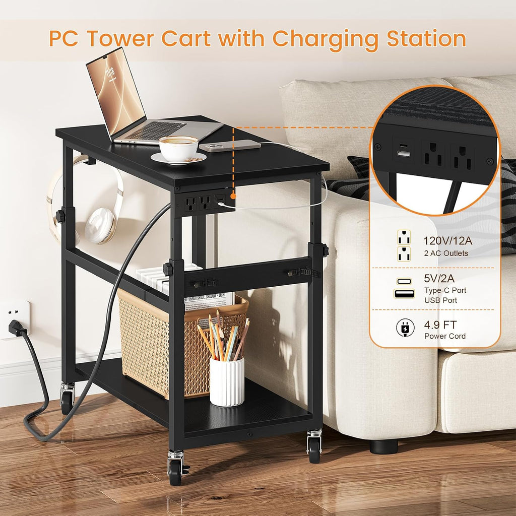 Snughome Oversized Computer Tower Stand with Extended Top & Charging Station, 25.2''-36.2'' Height-Adjustable PC Tower Stand, Rolling CPU Cart with Lockable Wheels for Office Home Gaming - Image 6