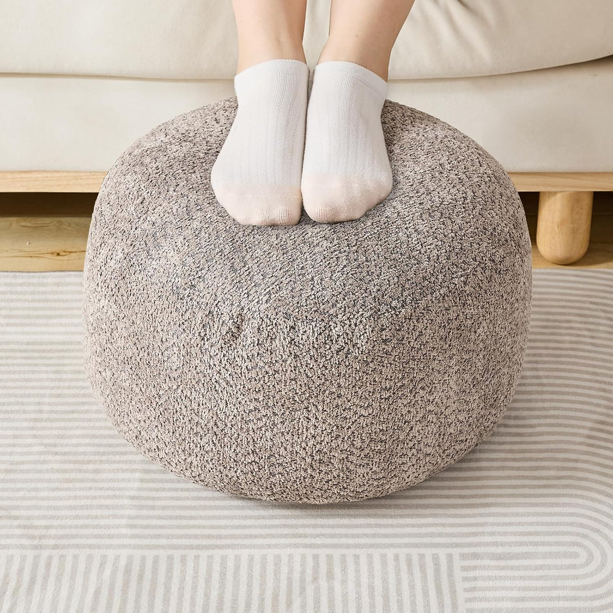 SHOUREN Stuffed Round Ottoman,Pouf Ottoman Foot Rest,18 X 14,Light Brown by SHOUREN