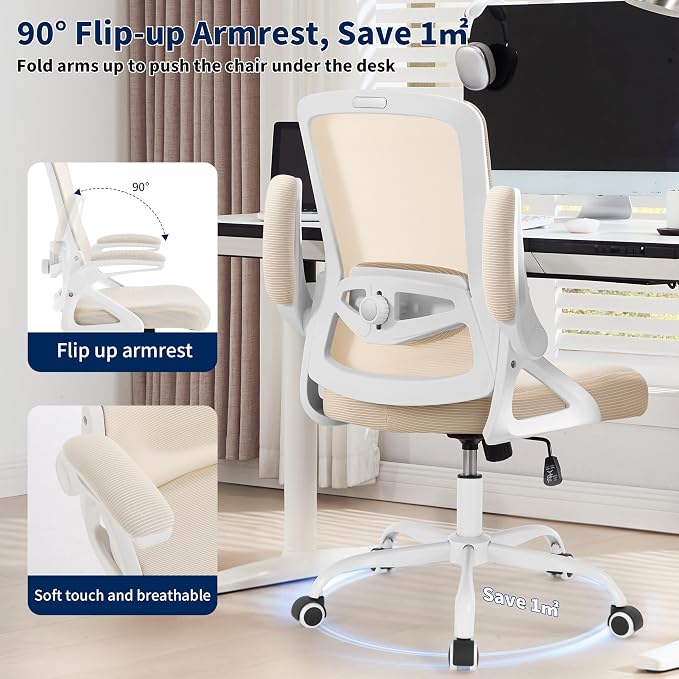 Ergonomic Office Chair Desk Chair with Adjustable Lumbar Support | Mesh Computer Chair Home Office Desk Chair with Flip-up Armrests Executive Task Chair Comfy Mesh Gaming Chair (Buff Beige) - Image 7