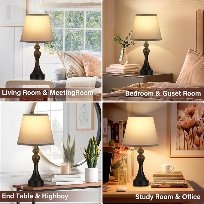 Touch Lamps for Nightstand, 3 Way Dimmable Bedside Lamps with USB C+A Ports | Touch Control, LED Bulb Included, Small Black Table Lamp for Bedroom, Night Stands, End Table, Gift，Corded，Grey Shade - Image 4