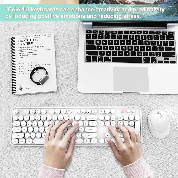 Wireless Keyboard and Mouse Combo, Ergonomic Full Size Typewriter Retro Round Keycaps Keyboard, Compatible with Windows, PC, Perfer for Home and Office Keyboards（White） - Image 7